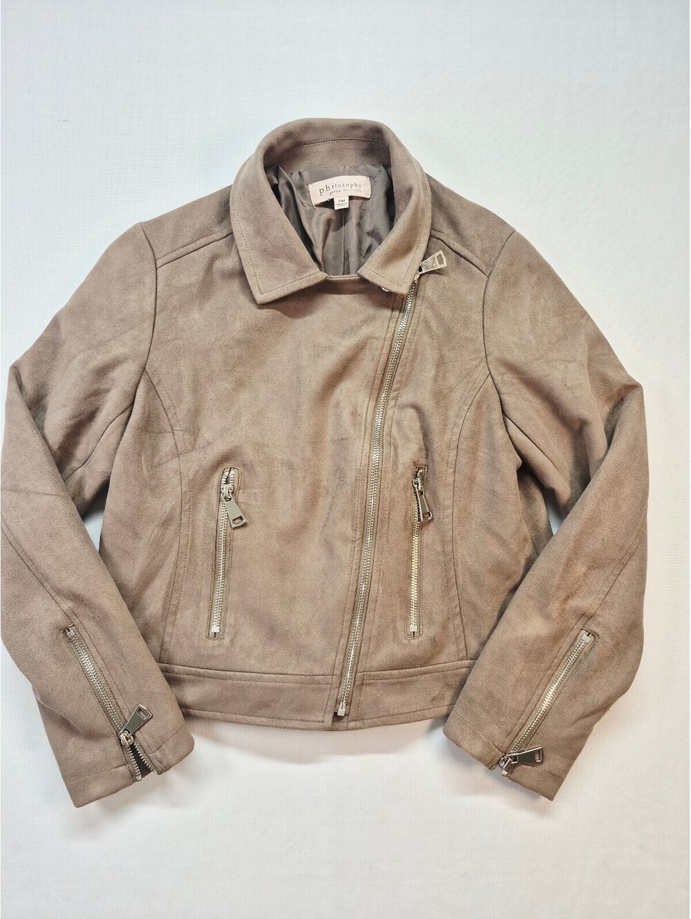 Philosophy Faux Suede Taupe Asymmetrical Zip Moto Crop Jacket women's PM